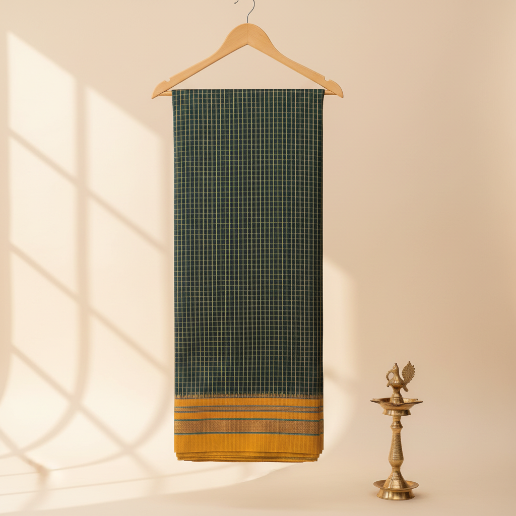 KUBERAN DARK GREEN WITH MUSTARD COTTON CHECKS SAREE