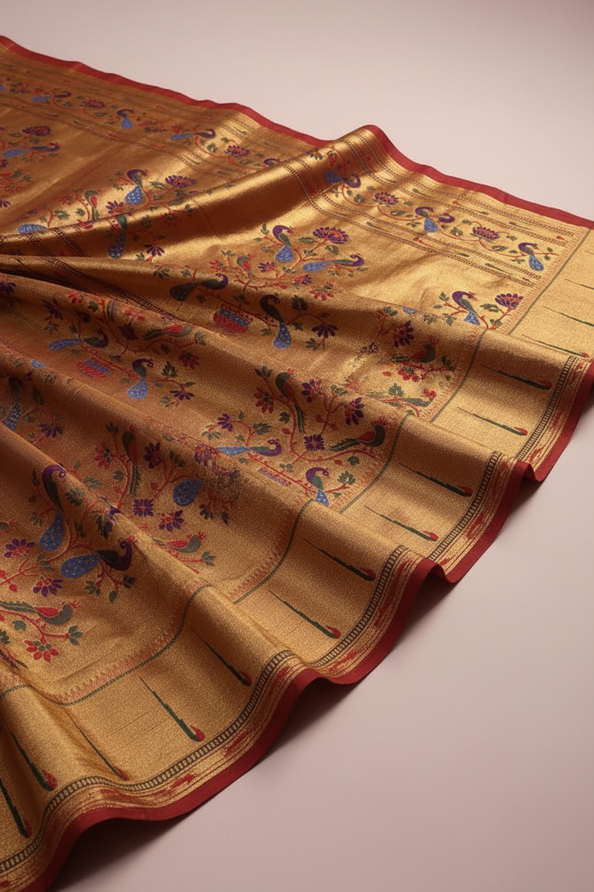 kuberan Coral Pink Paithani Silk Saree with muniya Border