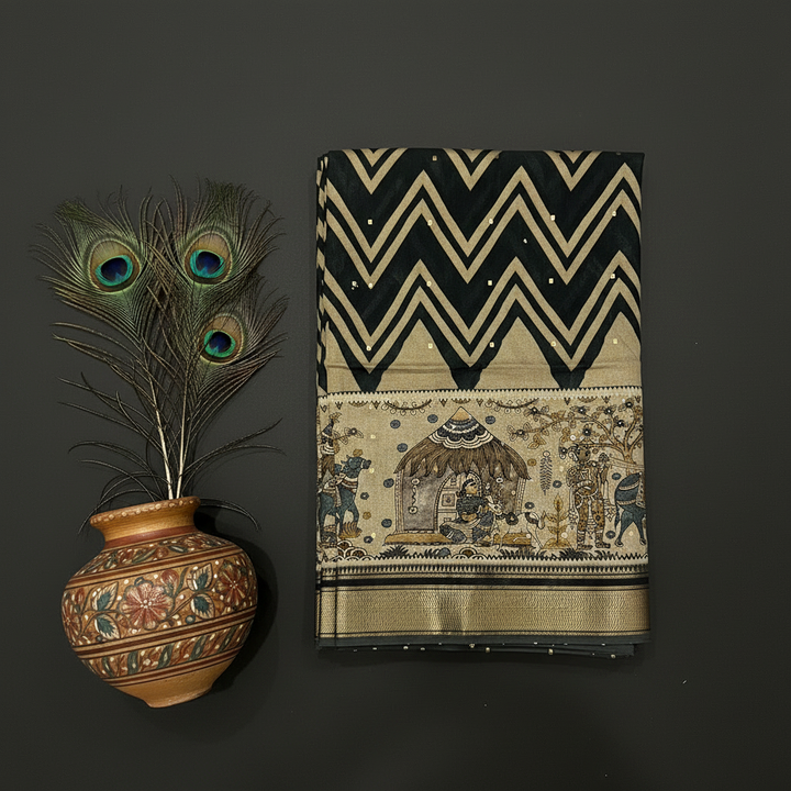 KUBERAN DARK GREEN MAL COTTON PRINTED SAREE