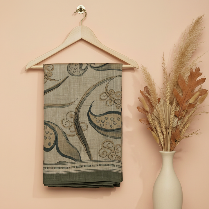 KUBERAN BEIGE PRINTED RAW SILK SAREE