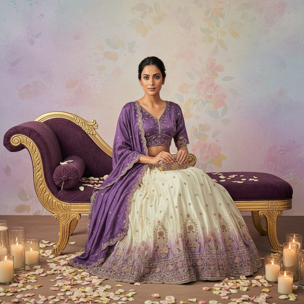 Kuberan Sangeetha Lehenga – Purple & Ivory Embroidered Silk Semi Stitched