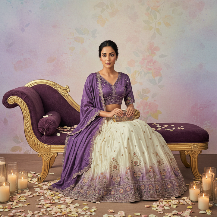 Kuberan Sangeetha Lehenga – Purple & Ivory Embroidered Silk Semi Stitched