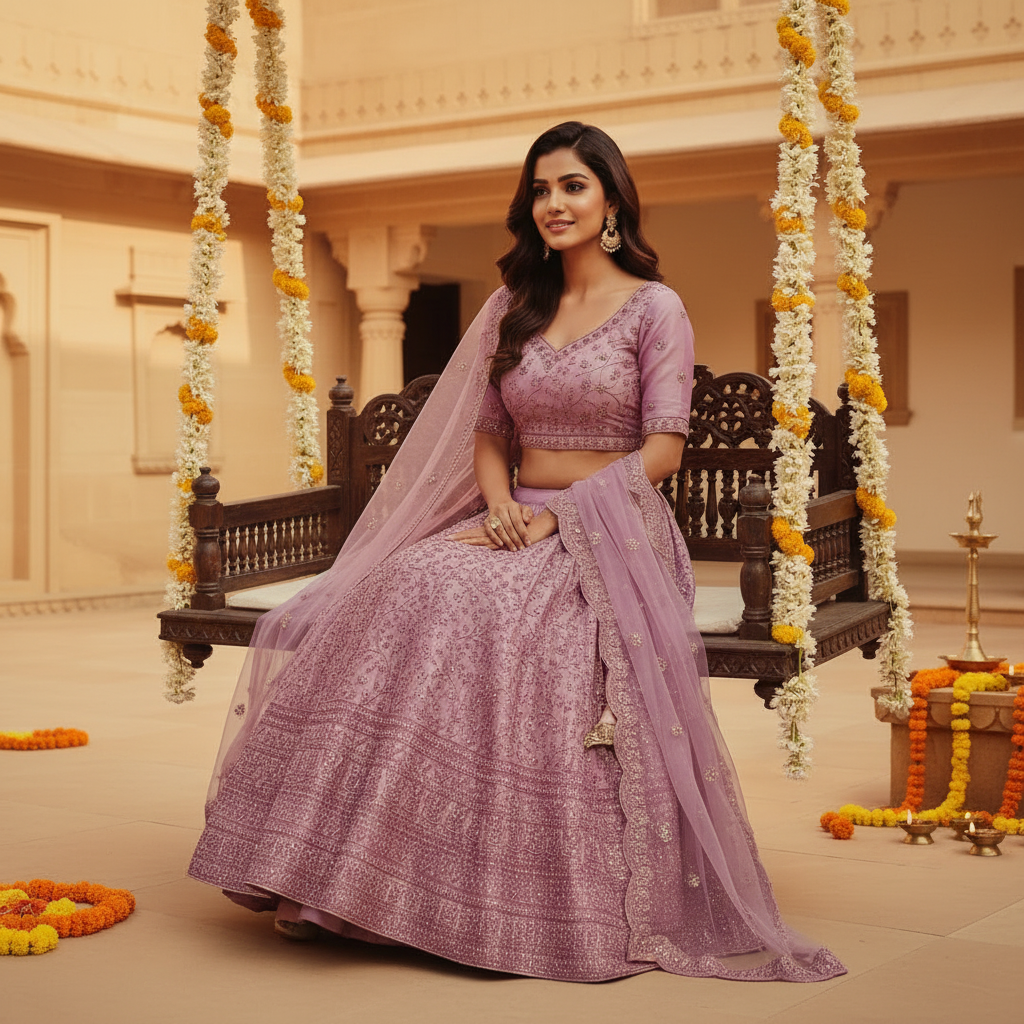 Kuberan Lavender Semi Bridal Lehenga Semi Stitched