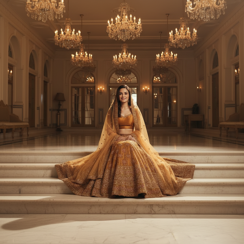 Kuberan Golden Mustard Semi Bridal Lehenga Semi Stitched