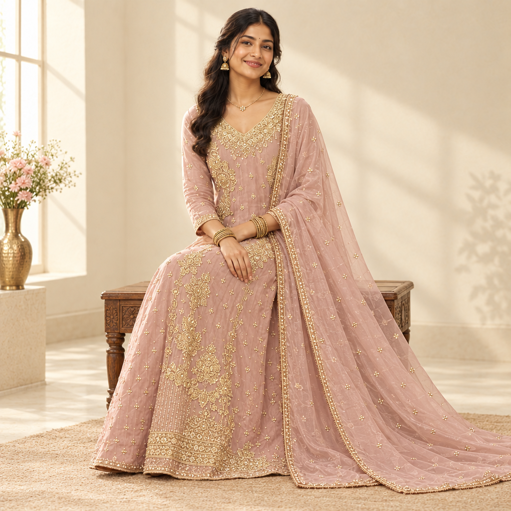 Kuberan Blush Pink Pure Tissue Anarkali with Dupatta