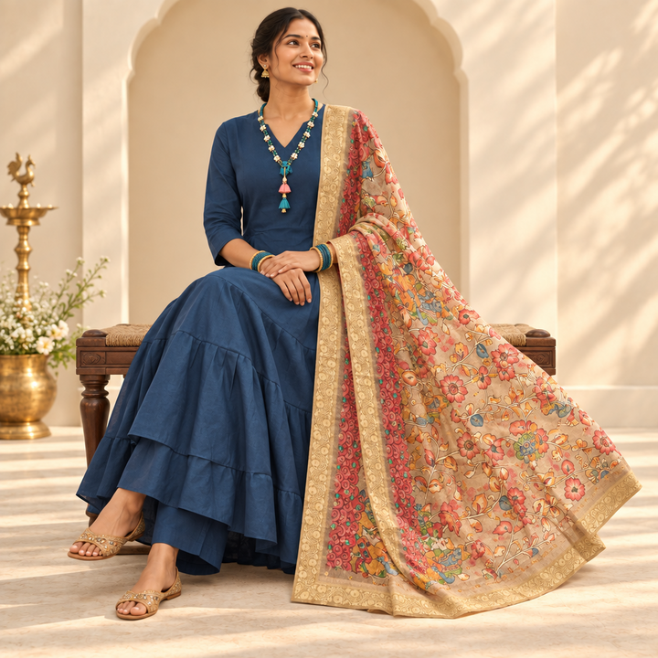 Kuberan Navy Blue Anarkali Set with Floral Dupatta