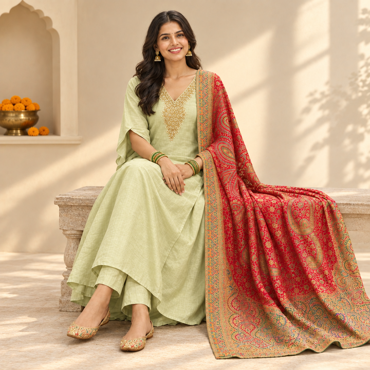 Kuberan Pistachio Green Anarkali Set with Red Dupatta
