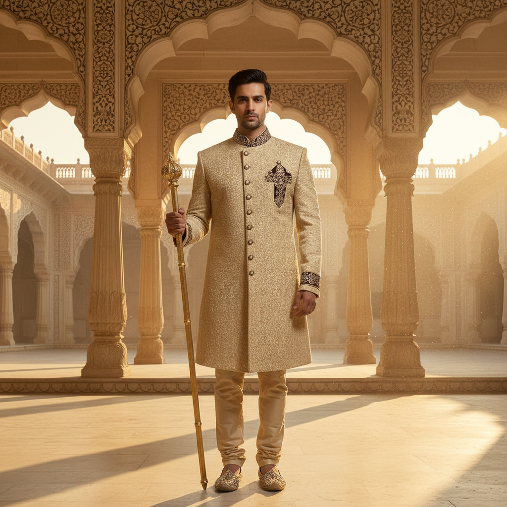 Kuberan Crystal Embellished Maroon & Gold Sherwani