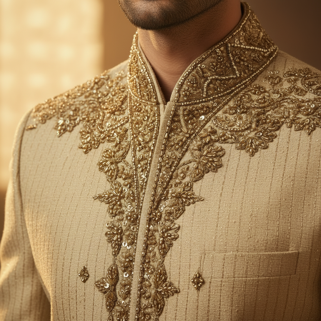 kuberan Ivory Gold Embroidered Sherwani