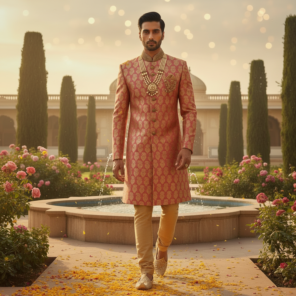 KUBERAN PEACH ROSE GOLD BROCADE SHERWANI