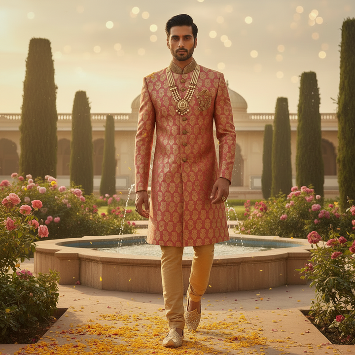 KUBERAN PEACH ROSE GOLD BROCADE SHERWANI