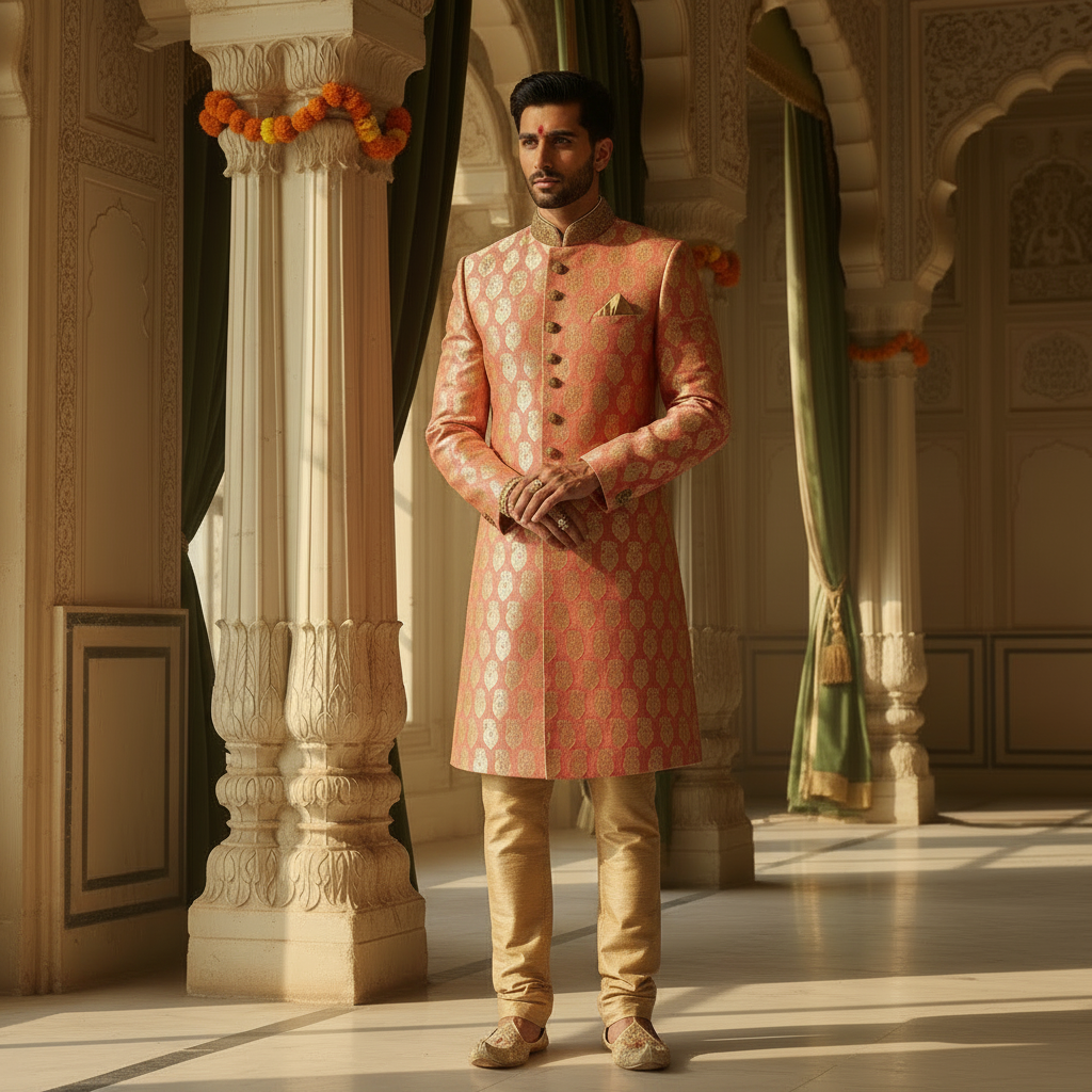 KUBERAN PEACH ROSE GOLD BROCADE SHERWANI