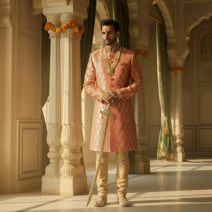 KUBERAN PEACH ROSE GOLD BROCADE SHERWANI