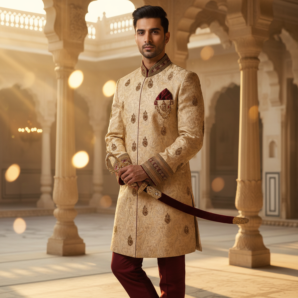 Kuberan Gold Brocade Sherwani with Maroon