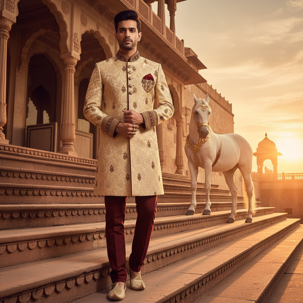 Kuberan Gold Brocade Sherwani with Maroon