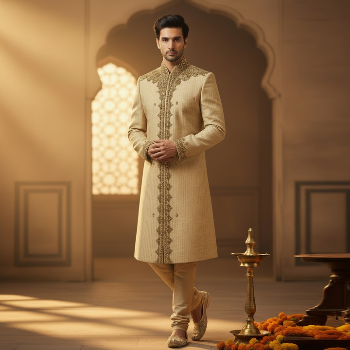 kuberan Ivory Gold Embroidered Sherwani