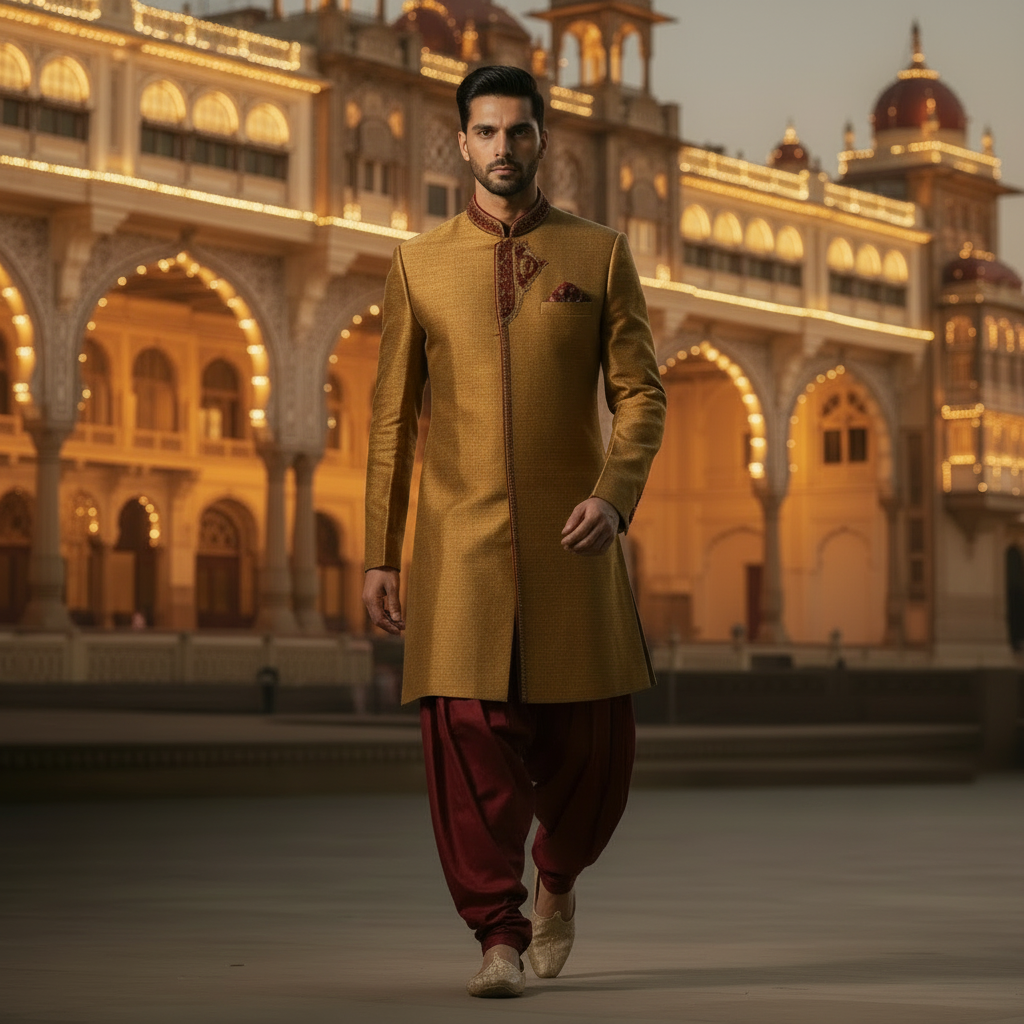 Kuberan Royal Gold Sherwani with Maroon Dhoti