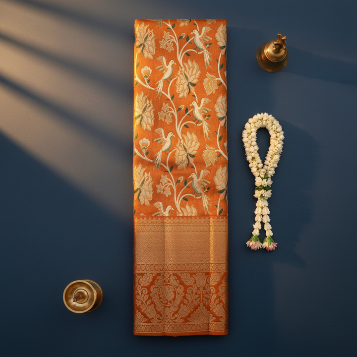 Kuberan Burnt Orange Kanchipuram Silk Saree with White Dove & Floral Vine Weave