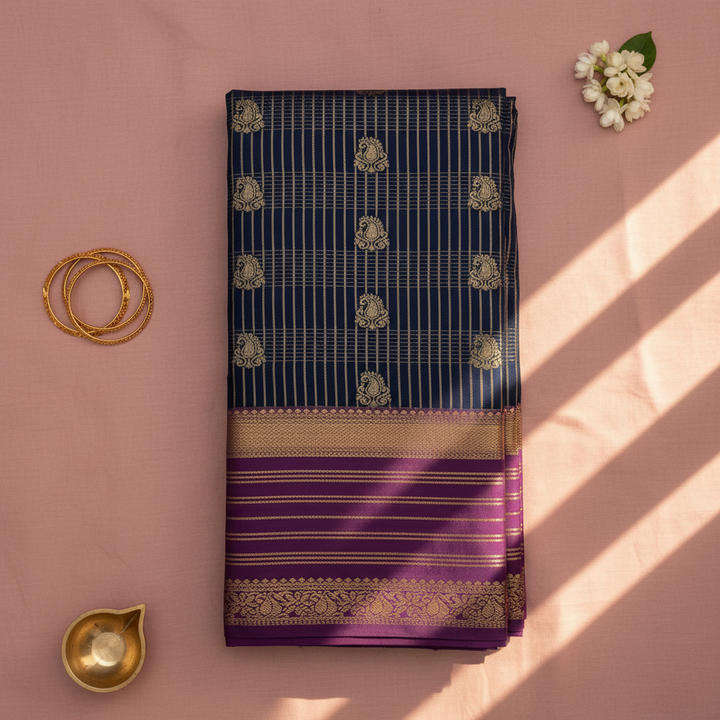 Kuberan Navy Blue Kanchipuram Pure Silk Saree