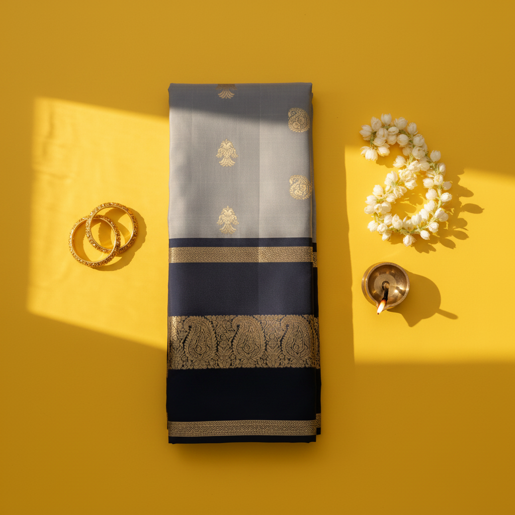 kuberan Grey & Navy Kanchipuram Pure Silk Saree