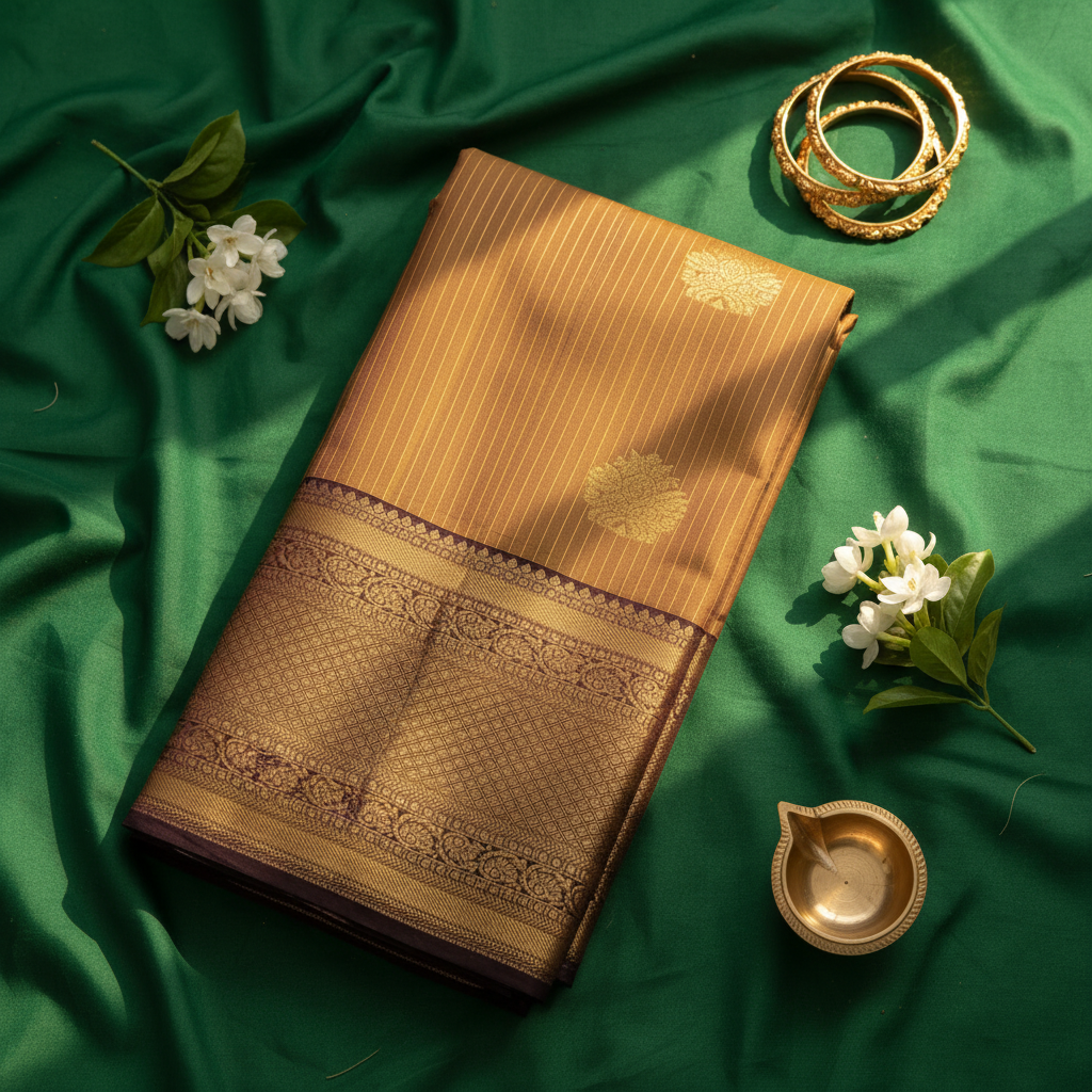 Kuberan Golden Brown Kanchipuram Pure Silk Saree