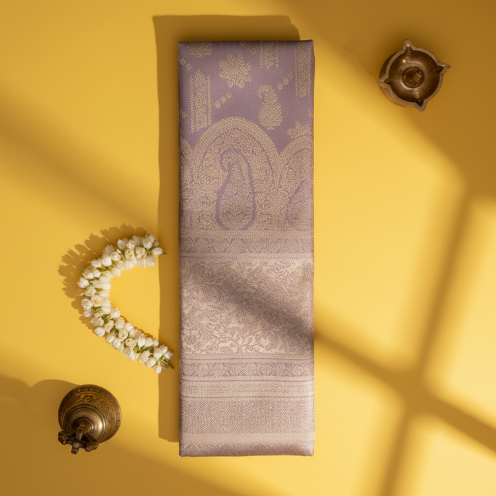 Kuberan Mauve Kanchipuram Silk Saree with Gold Zari Paisley & Temple Arch Weave border