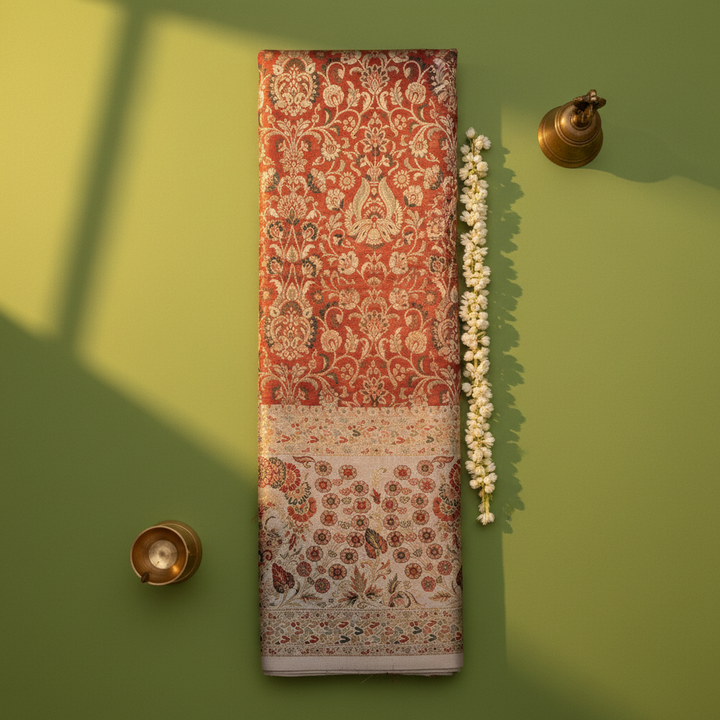 Kuberan Rust Red Kanchipuram Silk Saree with Floral Vase & Cream Meenakari border