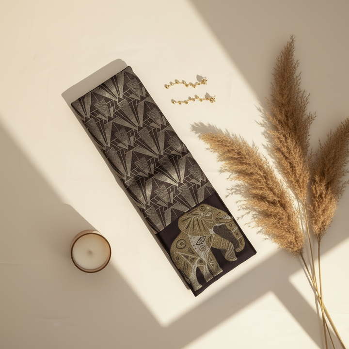 Kuberan purple with All-Over Silver & Gold Zari Art Deco Geometric Crystal Shard Weave & Large-Scale Gold Zari Mandala Elephant Kanchipuram Silk Saree