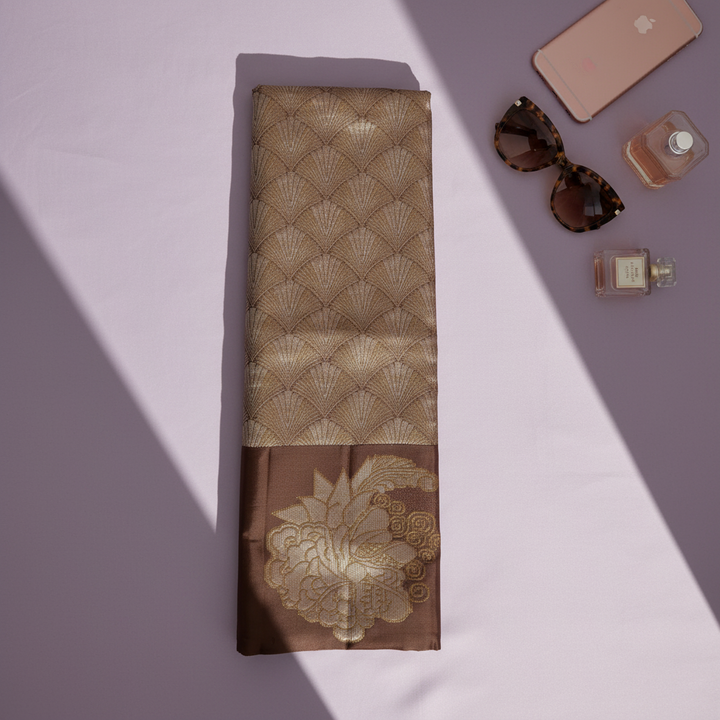 Kuberan  Warm Mocha Brown with All-Over Gold Zari Fan Weave Body & Large Lotus Medallion in border Kanchipuram Silk Saree