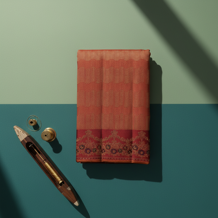 kuberan Terracotta Kanchipuram Silk Saree with Gold Zari Wave Weave & Maroon Floral Vine Border