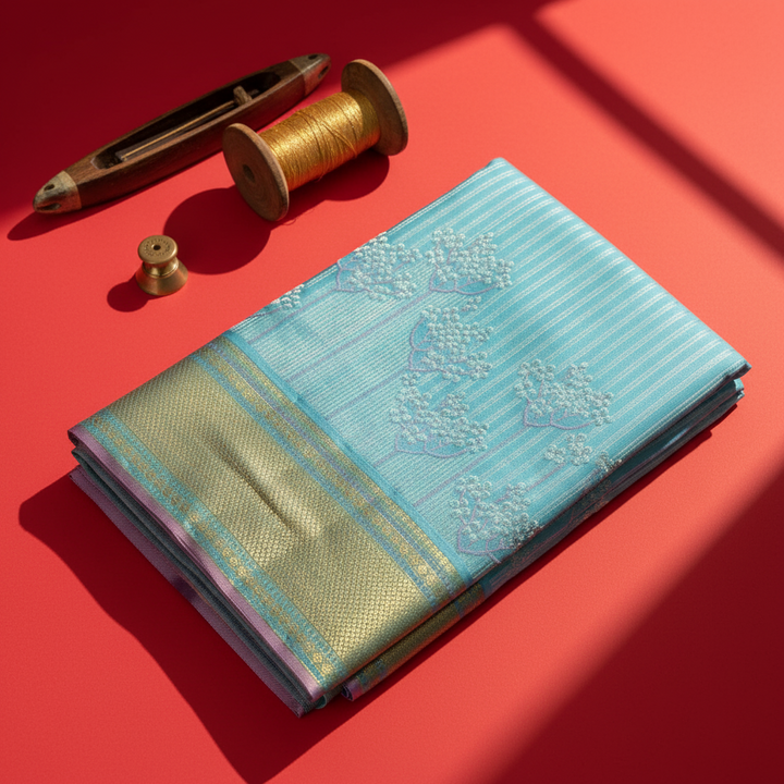 Kuberan Sky Blue with silver Floral Tree Butta & Broad Gold Zari Border Kanchipuram Silk Saree