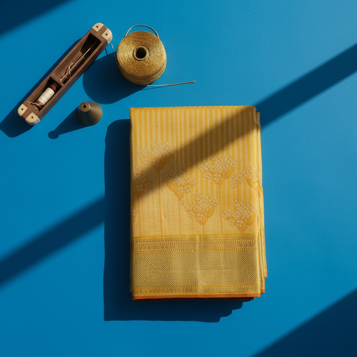 Kuberan Sunshine Yellow with All-Over Gold Zari Pinstripe, Large Floral Tree Butta & Broad Gold Zari Diamond Grid BorderKanchipuram Silk Saree