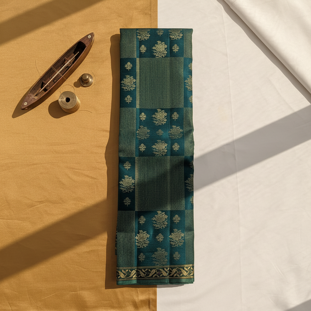 kuberan Kanchipuram Silk Saree - Teal Green with Gold Zari Checks & Floral Buttas