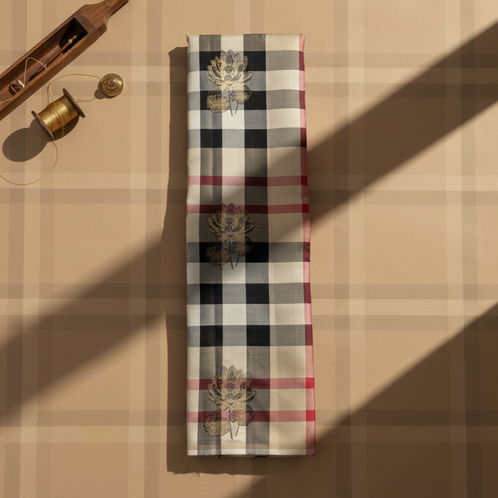 Kuberan  Ivory Cream Heritage Tartan Check with Scattered Gold Zari Lotus Buttas Kanchipuram Silk Saree