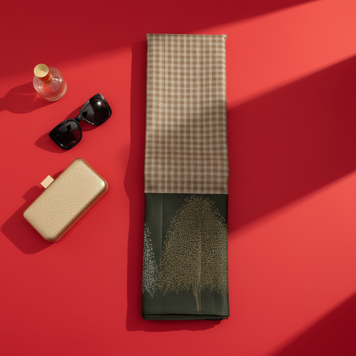 Kuberan Ivory Cream Gingham Check Body with Deep Bottle Green Gold Zari border Kanchipuram Silk Saree