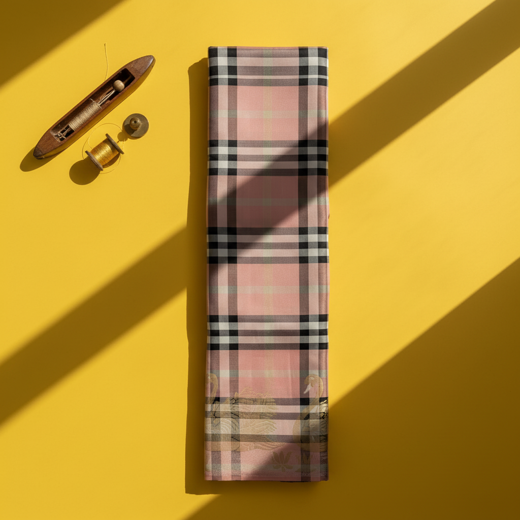 Kuberan Blush Pink Heritage Tartan Check with Scattered Gold Zari Floral Buttas & Self-Colour Pink Zari Border  Kanchipuram Silk Saree