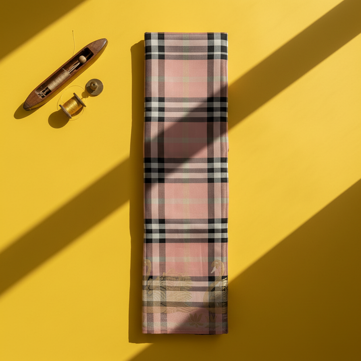 Kuberan Blush Pink Heritage Tartan Check with Scattered Gold Zari Floral Buttas & Self-Colour Pink Zari Border  Kanchipuram Silk Saree