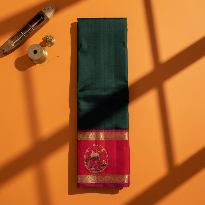 kuberan Kanchipuram Silk Saree - bottle  Green with Crimson Red Border & Kalasha Motif