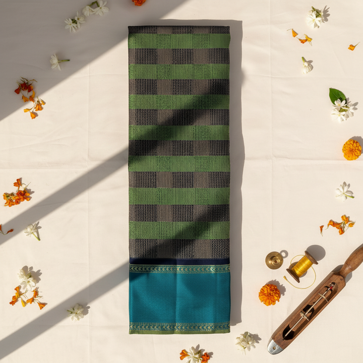 Kuberan Forest Green & Navy Blue Large-Scale Two-Colour Checks with Broad Peacock Teal Border  Kanchipuram Silk Saree