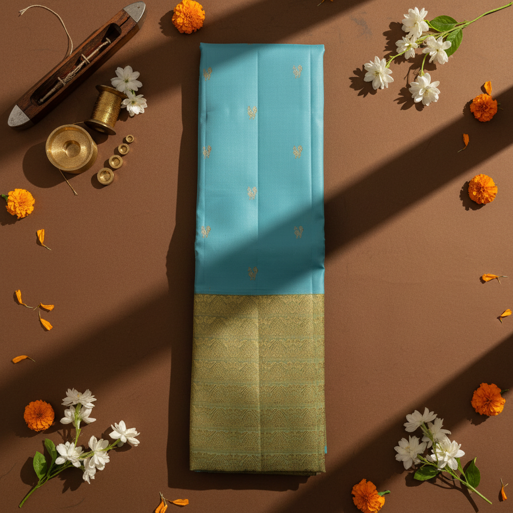 Kuberan  Sky Blue with Scattered Paired Gold Zari Duck (Hamsa) Buttas & Broad Antique Gold Zari Dense Floral Scroll Temple Arch Border Kanchipuram Silk Saree
