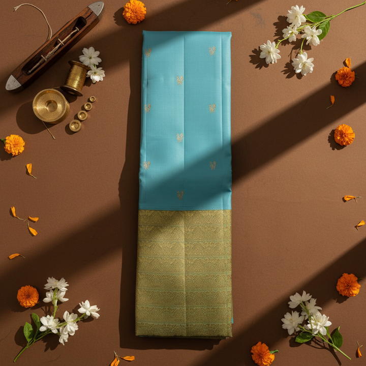 Kuberan  Sky Blue with Scattered Paired Gold Zari Duck (Hamsa) Buttas & Broad Antique Gold Zari Dense Floral Scroll Temple Arch Border Kanchipuram Silk Saree