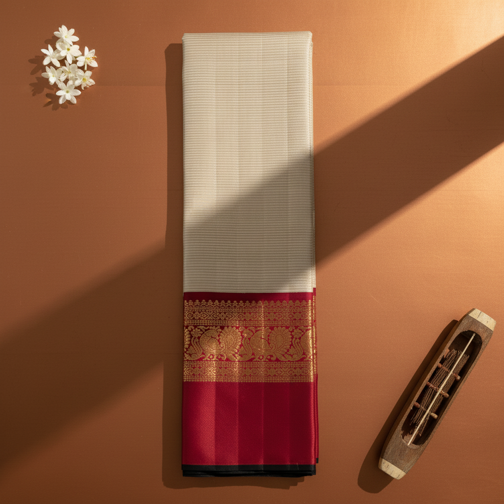Kuberan  Ivory Cream with All-Over Fine Gold Zari Pinstripe Body & Broad Deep Crimson Red Gold Zari Peacock & Floral Scroll Border Kanchipuram Silk Saree