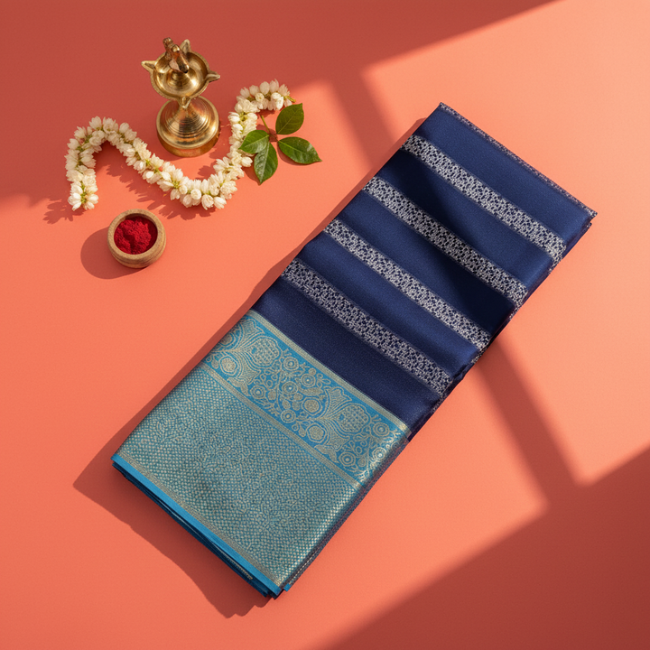 Kuberan  Midnight Navy Blue with Silver Zari Stripe Body & Teal Gold Zari border Kanchipuram Silk Saree