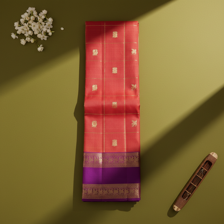Kuberan  Coral  with Gold Zari Check Grid, Mixed Floral & Bird Buttas & Broad Deep Violet Peacock Procession Border Kanchipuram Silk Saree