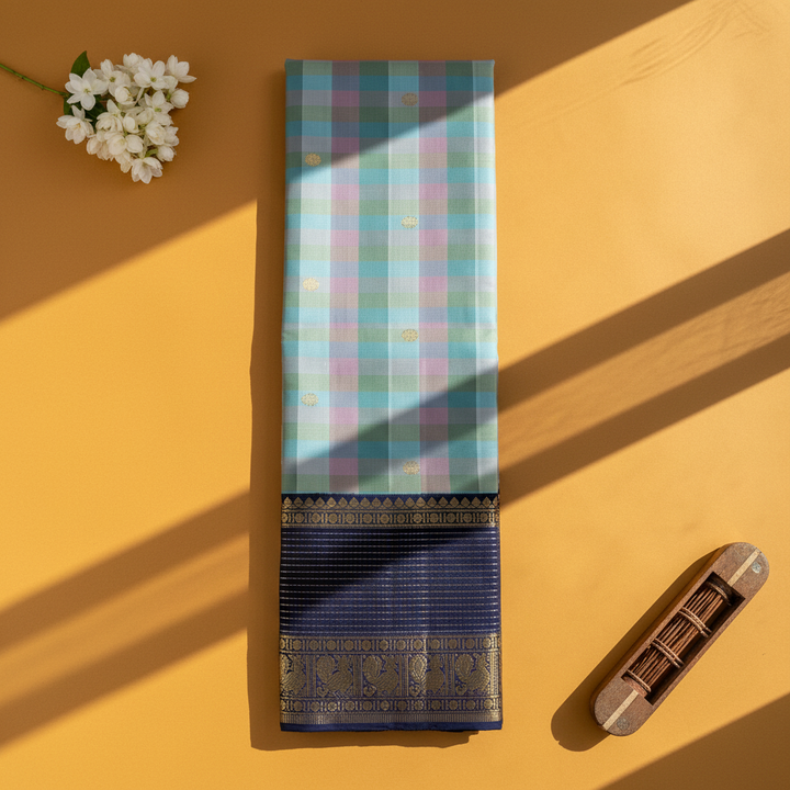 Kuberan Kanchipuram Silk Saree  Sky Blue Multi-Colour Gingham Checks with Scattered Gold Zari Mini Floral Buttas & Broad Midnight Navy Peacock & Temple Arch Border