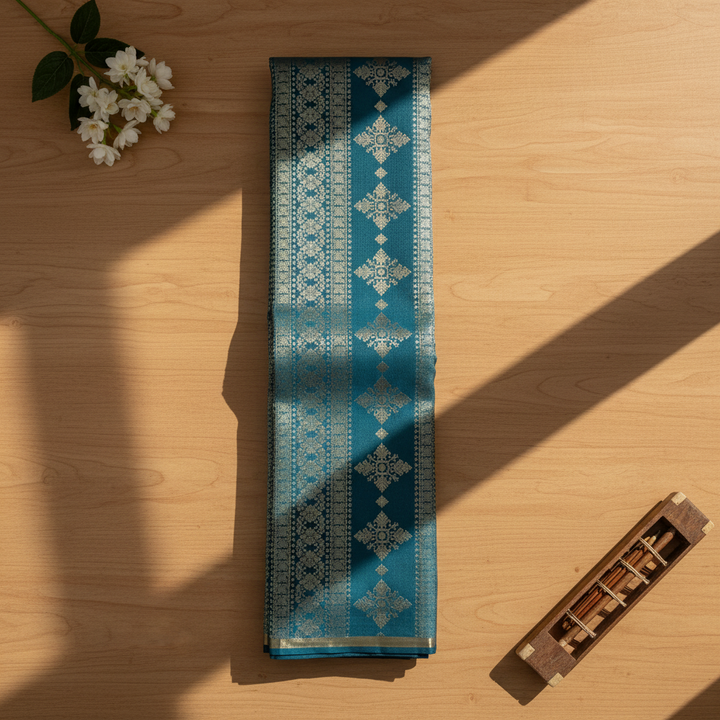 Kuberan Peacock Teal with All-Over Silver Zari Dense Geometric Diamond & Snowflake Jaal & Broad Self-Colour Teal Silver Zari Multi-Band Border Kanchipuram Silk Saree