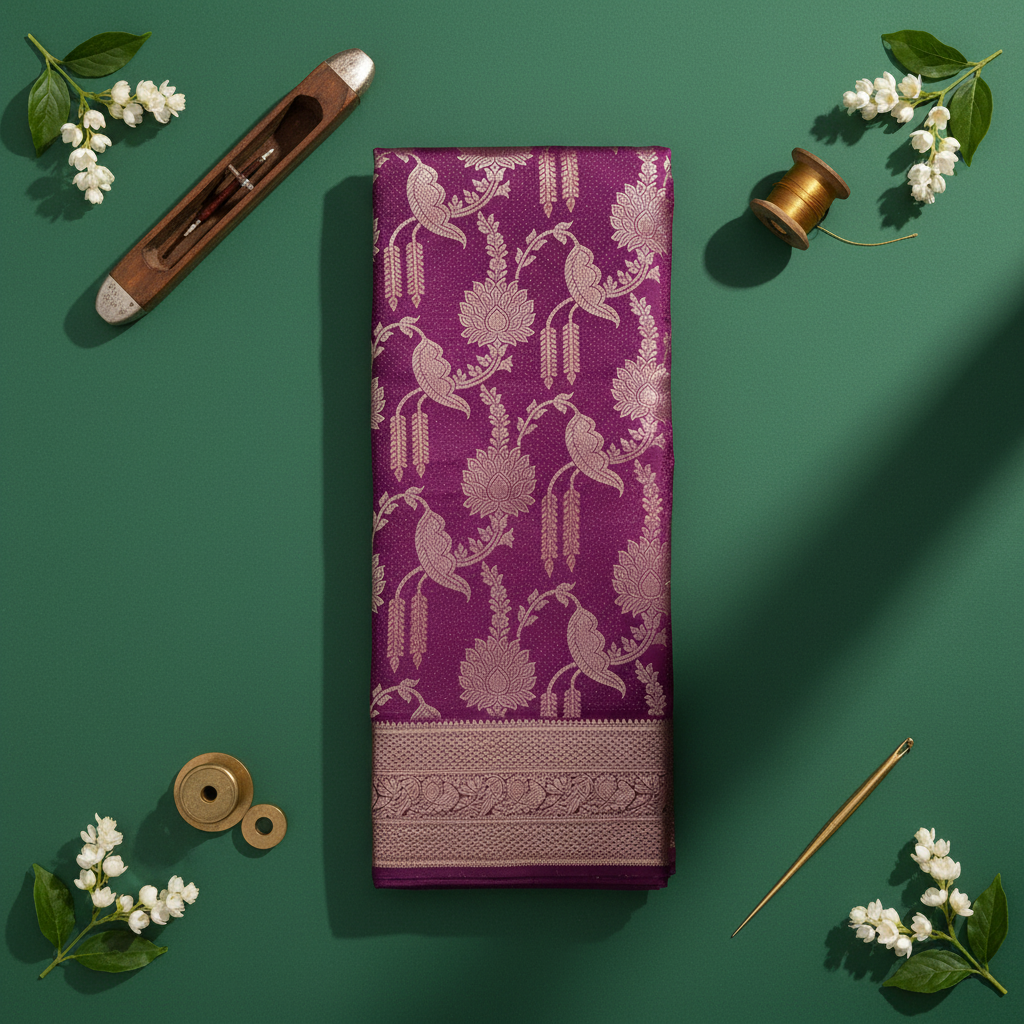 Kuberan Deep Magenta Purple with All-Over Gold Zari Parrot & Lotus Jaal Weave & Broad Antique Gold Zari Floral Scroll Border Kanchipuram Silk Saree