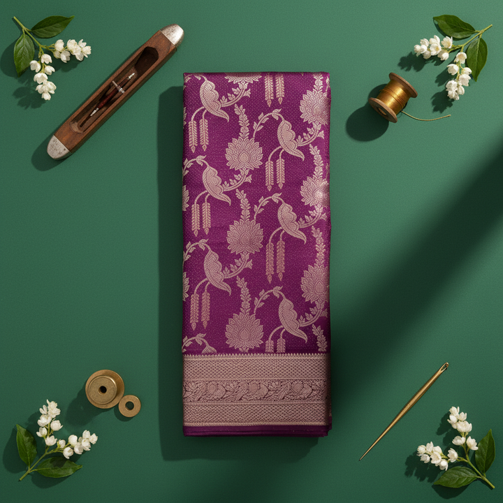 Kuberan Deep Magenta Purple with All-Over Gold Zari Parrot & Lotus Jaal Weave & Broad Antique Gold Zari Floral Scroll Border Kanchipuram Silk Saree