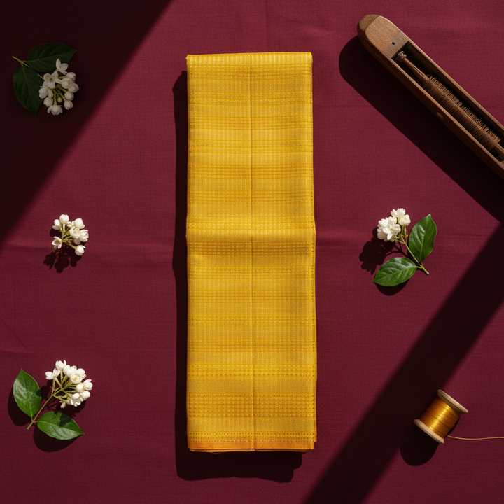 Kuberan Turmeric Yellow with All-Over Self-Colour Gold Zari Fine Checks Grid & Narrow Contrast Orange BorderKanchipuram Silk Saree