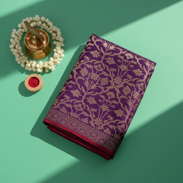 Kuberan  Royal Purple with All-Over Gold Zari Jaal Floral Vine Weave  Kanchipuram Silk Saree